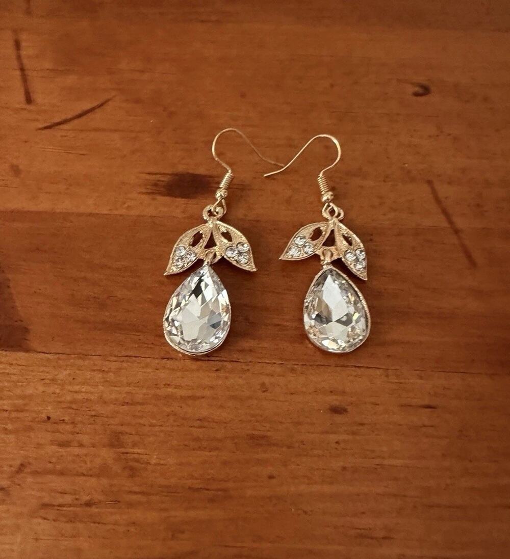 Crystal Teardrop Dangle Earrings Gold Tone Leaf Bridal Wedding Prom Formal
